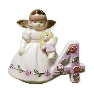 Vintage Birthday Girl Princess w Wings Holding a Doll - Number 4 Pink w. Flowers